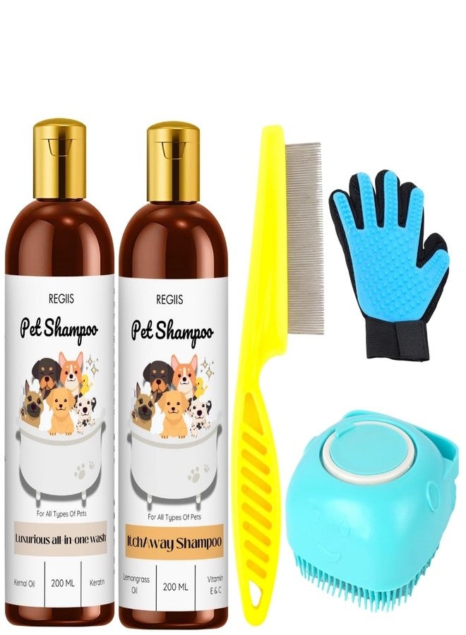 مجموعة ريجيس للعناية بالكلاب مع شامبو للحيوانات الأليفة، مجموعة من 5 قطع مع قفاز للعناية، مشط، فرشاة، غسول شامل وتركيبة مضادة للحكة، 200 مل (عبوة من 5 قطع) - Image 1